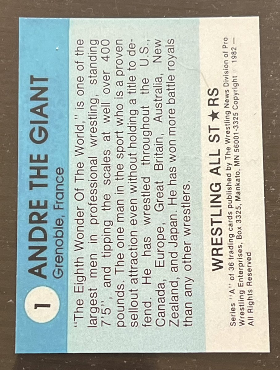 dpeck100's tweet image. Card size, card stock, Andre pic, font size on back, blue area on back, perfect cuts on sides, and white area on back. One of these reprints.