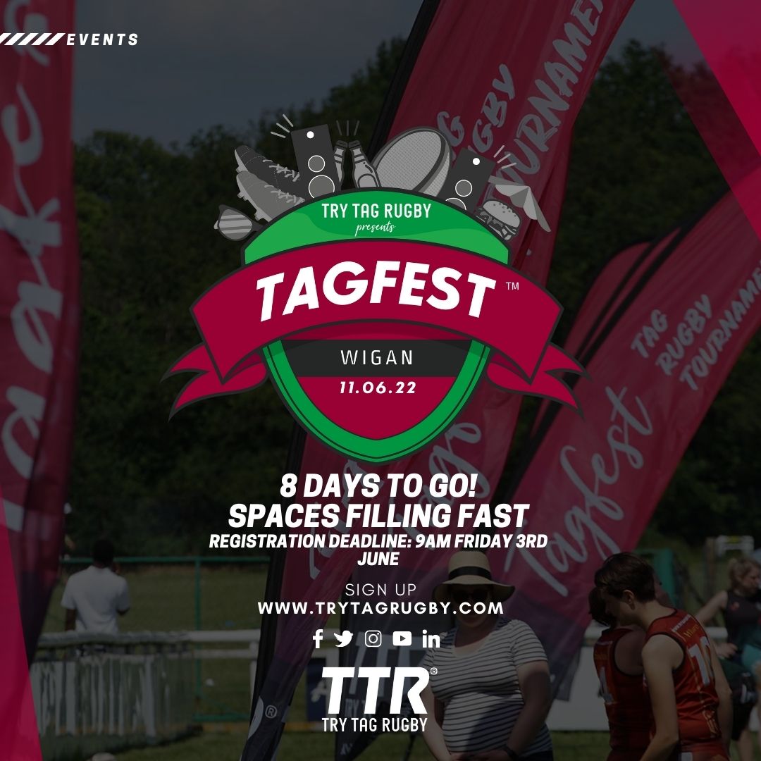 TryTagWigan's tweet photo. ⏰DON'T MISS OUT!! Last chance to register.  DEADLINE at 9am tomorrow.  8 days to go until we take to the pitches at Wigan St Cuthberts ARLFC for the second ever Tagfest Wigan.   
📲 For more info: https://t.co/DkBBEqCmn3 https://t.co/4dPhTaraOQ