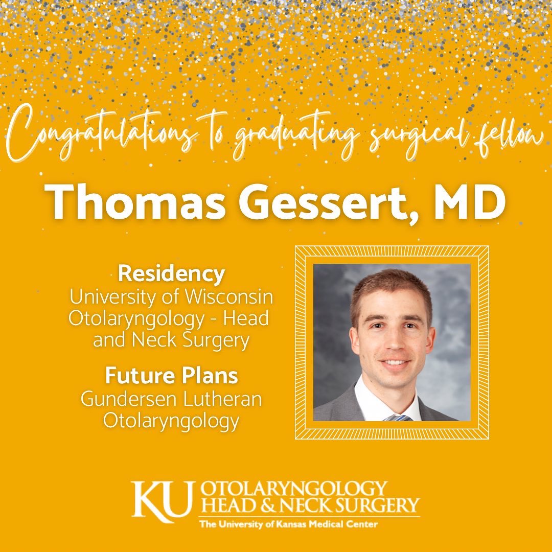 Congratulations to our graduating surgical fellows Brandyn Dunn MD MPH (<a href="/KUFacialPlastic/">Kansas Health System Facial Plastic Surgery.</a>) &amp; Thomas Gessert MD (Head and Neck Surgery) <a href="/ku_ent/">KU Otolaryngology - Head & Neck Surgery</a> <a href="/kumedcenter/">KU Medical Center</a> <a href="/kuhospital/">The University of Kansas Health System</a> <a href="/KUMC_GME/">University of Kansas Graduate Medical Education</a> #WeAreOto #ENTsurgery #MedEd #OHNS #OtoHNS #otolaryngology
