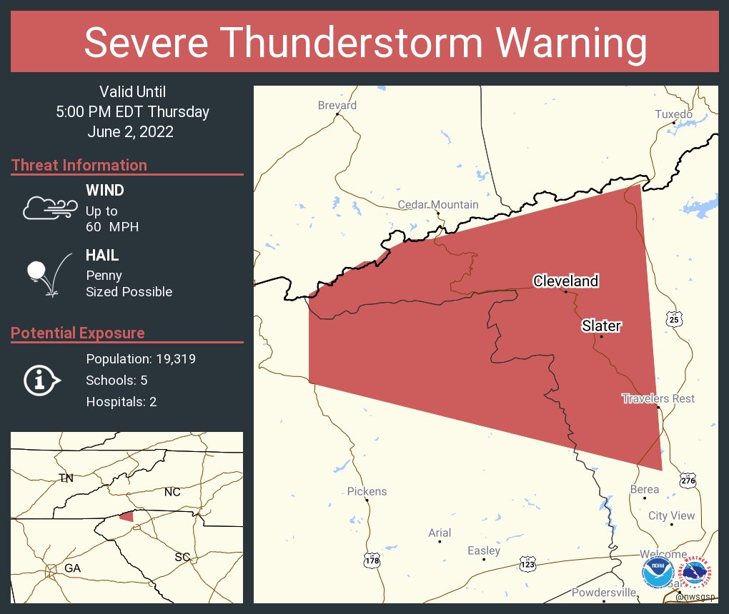 NWS GSP on Twitter "Severe Thunderstorm Warning including Cleveland SC