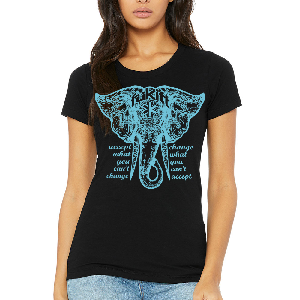 fukittclothing's tweet photo. This super-soft tri-blend short sleeve black t-shirt with the Accelephant design reminds you to "accept what you cannot change and change what you cannot accept" to enhance your perspective on life.
#fukitt #mentalhealth #suicideprevention https://t.co/6d1e9Xn59o