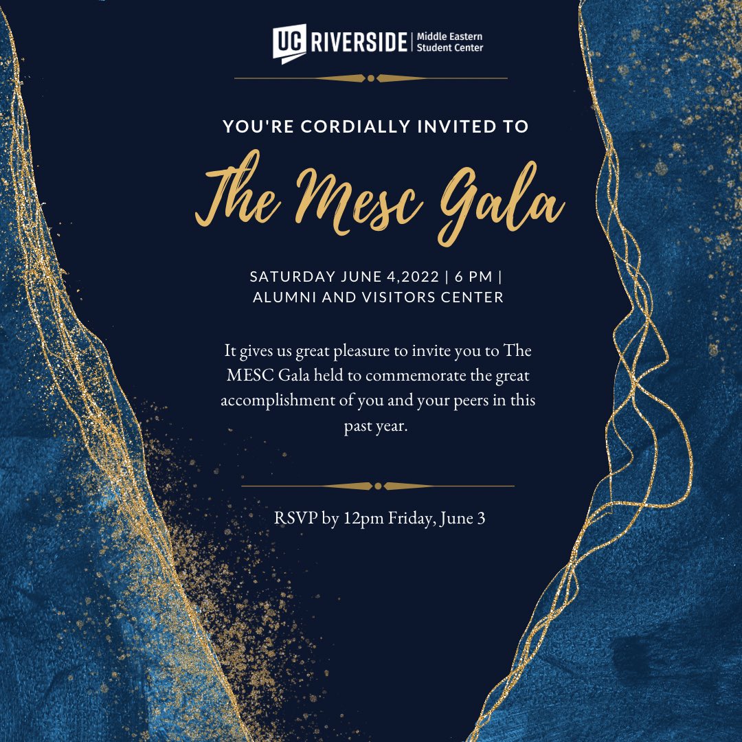 mescucr's tweet photo. ⭐️ MESC GALA IS BACK⭐️
Join us for a night to reminiscence the year and celebrate the senior class! 

Dinner, music, awards and a photo booth! 🕺🏽 

Dress in your best formal wear!

RSVP using the link in our bio!

-
-
-
#mescucr #ucr #ucriverside #gala #mescgala #mescgala2022 https://t.co/ivROVTOOpZ