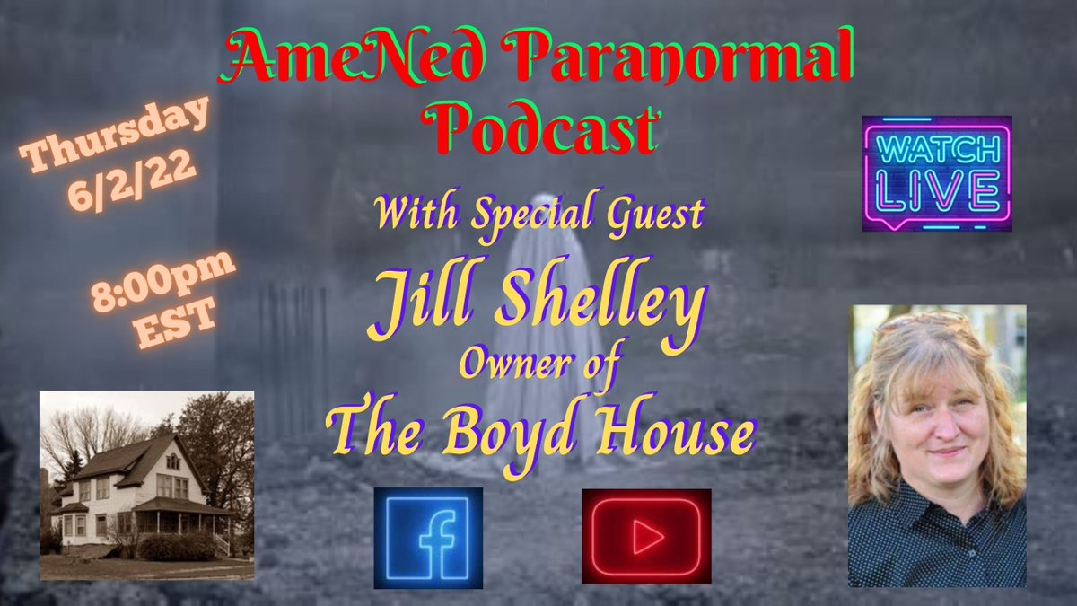 Tonight at 8pm EST I am interviewing Jill Shelley with St. Croix Paranormal and Owner of The Boyd House.  I am very excited and look forward to seeing everyone there!!
Facebook Page:
facebook.com/amenedparanorm…
YouTube Channel:
youtube.com/channel/UCxxt6…