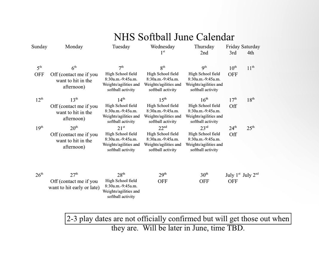 Northridge Softball (@nhsjagssoftball) on Twitter photo Check out the workout schedule for June! Can’t wait to see everyone at Jag Field on Tuesday at 8:30! #GoJags <a href="/NHSJagAthletics/">Northridge Athletics</a> Check out the workout schedule for June! Can’t wait to see everyone at Jag Field on Tuesday at 8:30! #GoJags <a href="/NHSJagAthletics/">Northridge Athletics</a>