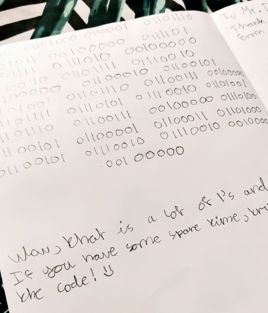 The fact that my 2nd Year Coding class, wrote in binary numbers "thank you for being our teacher" has blown me away. ♥️ <a href="/JctCoding/">JCT Coding</a> <a href="/stmarkscs1977/">St Mark's Community School</a>