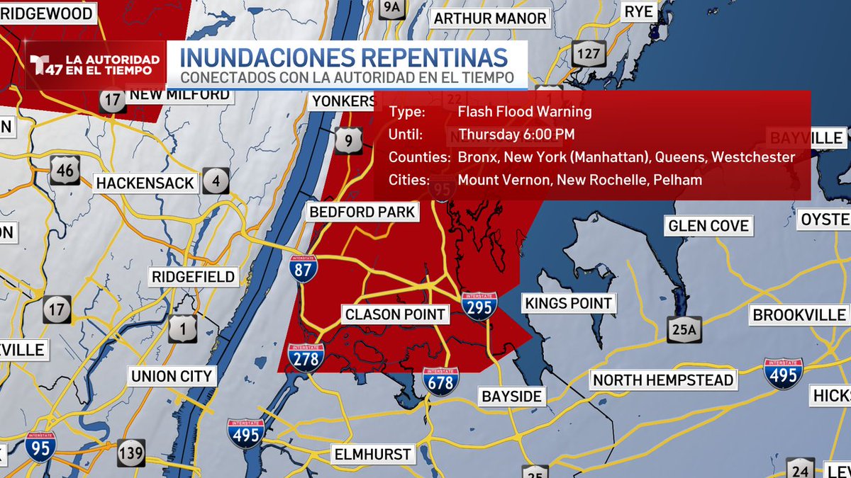 Flash Flood Warning para Westchester, Bronx, New York (Manhattan), Queens hasta 6/02 6:00PM
Descarga la aplicación de <a href="/Telemundo47/">Telemundo 47</a> y conéctate con #LaAutoridadenelTiempo
