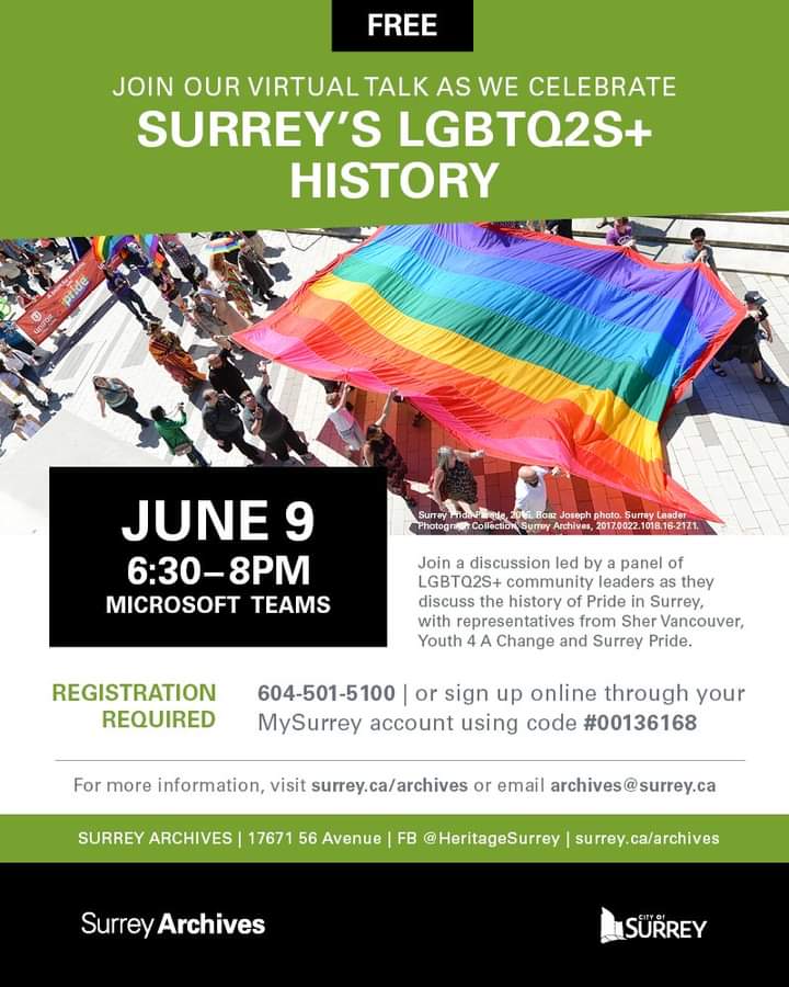 Surrey LGBTQ2S+ History.
Free panel discussion ONLINE
Register to join us. <a href="/anitahuberman/">Anita Huberman</a> <a href="/DrJenMarchbank/">Jen Marchbank</a> @MR1_ <a href="/pulse1077/">107.7 Pulse FM</a> <a href="/TomZillich/">Tom Zillich</a> <a href="/uniti4all/">UNITI</a> <a href="/PrideDelta/">Delta Pride Society</a> @surrynowleader