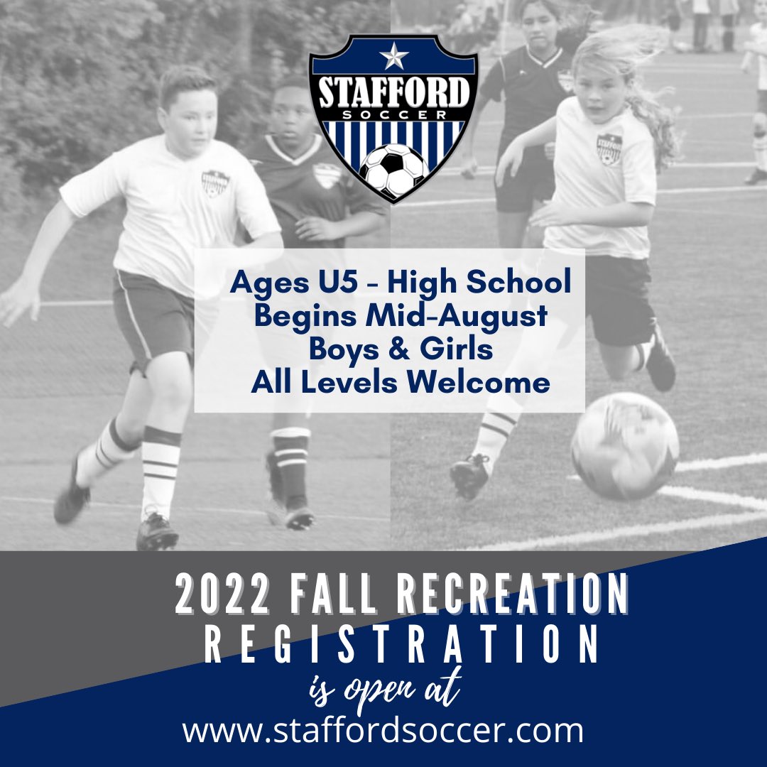 ⏳It’s that time already! Summer is just kicking off but Fall Recreation registration is open!
▫️Registration 6/1/22 thru 7/18/22
▫️U5-High School Aged Youth Programs
▫️Begins Mid-August 
▫️Register at staffordsoccer.com
🍂We hope you will join us for the fall fun!🍂