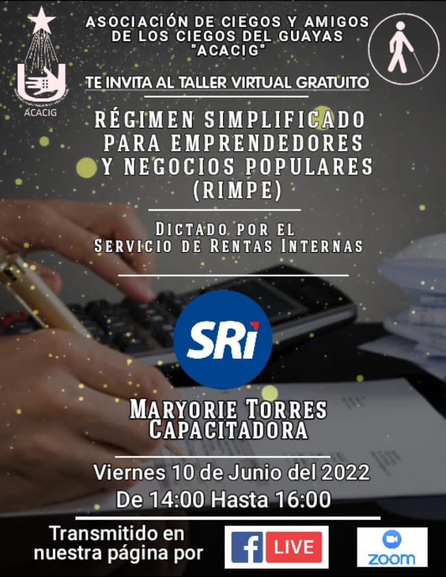 Les invitamos a inscribirse en esta importante capacitación que tiene que ver con la #TributaciónEcuatoriana se llevará acabo el 10 de junio vía telemática de 14:00 a 16:00 horas. 
Info por interno
#InclusiónReal 
#DiscapacidadVisual 
#ACACIG