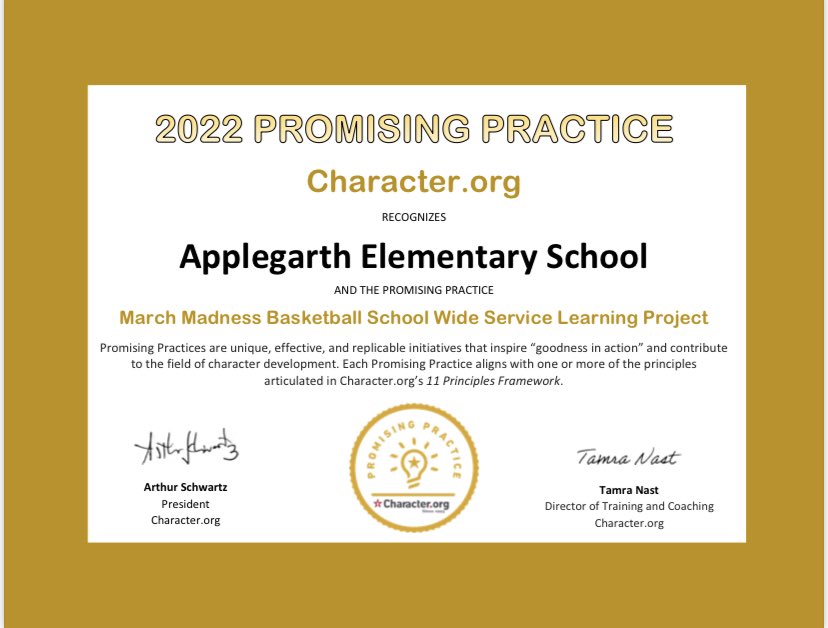Very Proud to announce AES has been awarded a 2022 Promising Practice for our March Madness Service Learning Project🥳 Thank you <a href="/CharacterDotOrg/">Character.org</a> <a href="/DawnGraziano1/">Dawn Graziano</a> <a href="/s_theall_fleish/">Stacy Leigh</a> <a href="/mtsdfalcons/">MTSDFALCONS</a> <a href="/middlesexfood/">MIDDLESEX Uni Food</a>