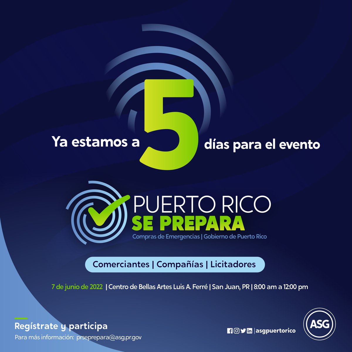 ASGPUERTORICO's tweet image. #Licitador | Comenzamos el conteo regresivo del evento #PRSePrepara en el @CBASanturce. Conocerás datos importantes sobre los procesos en los Contratos de Emergencia del Gobierno de PR.

Aún puedes inscribirte y participar. Entra a qrco.de/prseprepara-re…

🖐🏼¡Esperamos saludarte!
