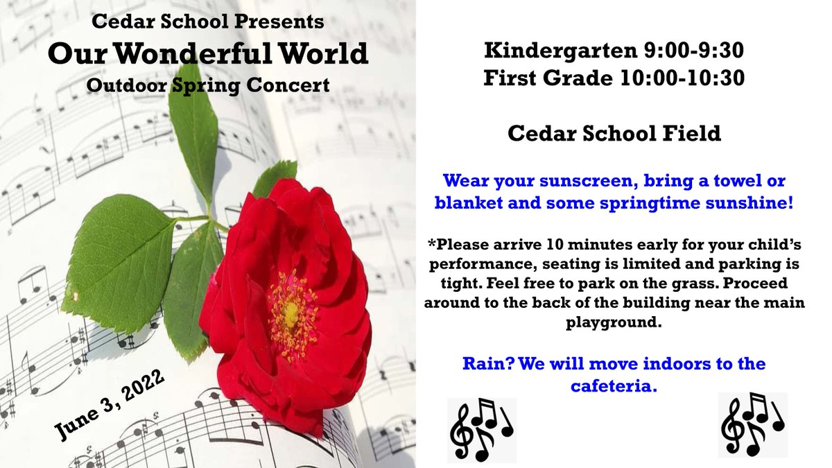 CedarElementary's tweet photo. The Cedar School 2022 Spring Concert will be held tomorrow, June 3, 2022, in the Cedar School gym. For information and schedule, visit https://t.co/yHL8bP71jG https://t.co/hjDPS4BbzO