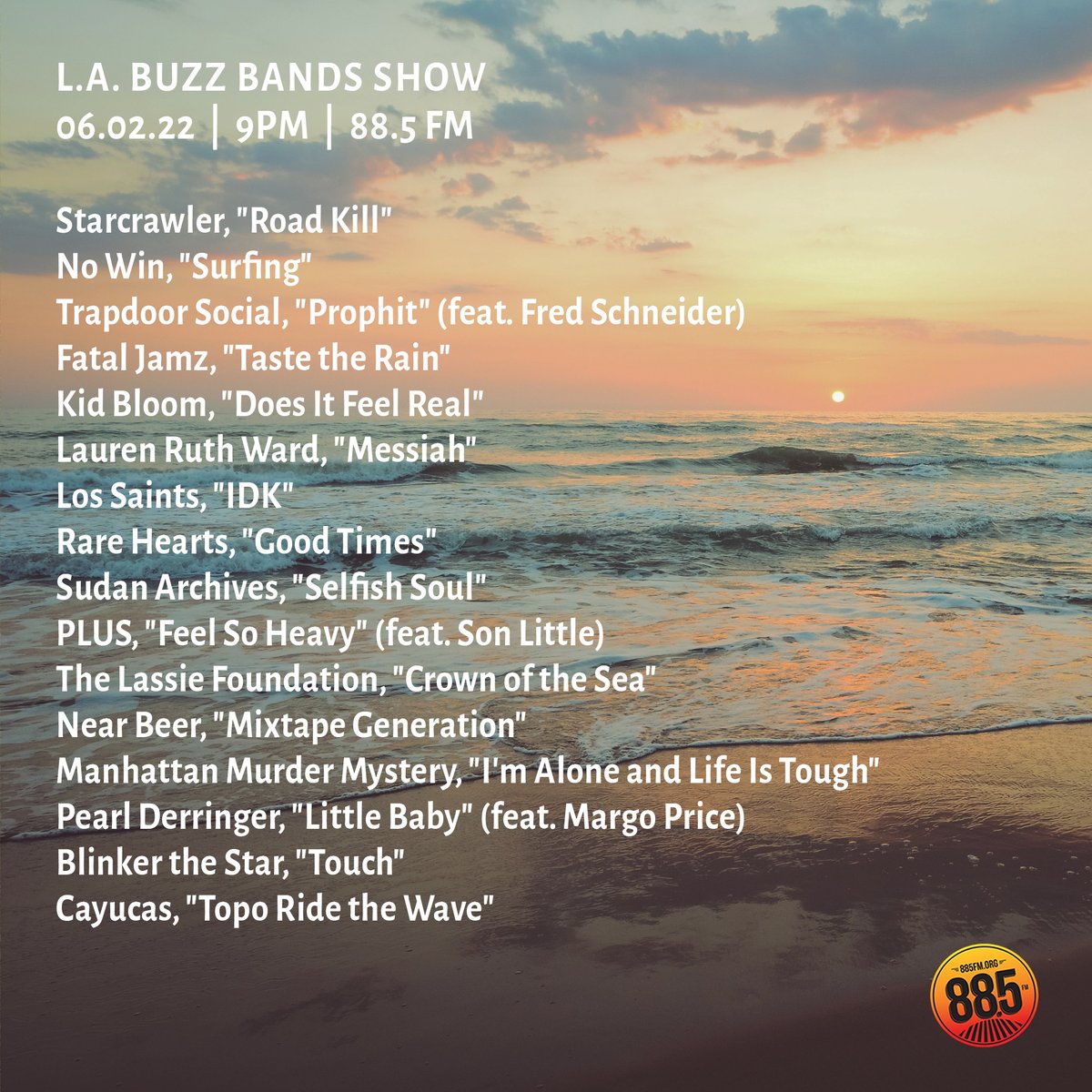 Coming at 9PM: @BuzzBandsLA Show @885FMsocal, spinning songs by Trapdoor Social (ft. The B-52s Fred Schneider!), Fatal Jamz, Lauren Ruth Ward, No Win, Near Beer, Cayucas, Rare Hearts, Los Saints, Sudan Archives, Starcrawler, Kid Bloom + many more. Tune in! bit.ly/3zf3UgF