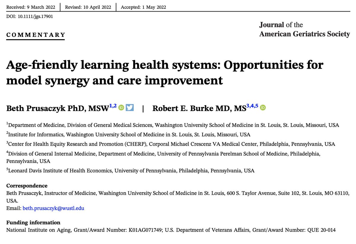 I've been in the weeds getting my #K01 up & running so it was a great break to do some conceptual thinking w/ @BBurkeMD on #AgeFriendly #LearningHealthSystems. Out in @AGSJournal today! 

onlinelibrary.wiley.com/share/author/Z…

@AmerGeriatrics @HAPFellows @johnahartford @TheIHI @vahsrd