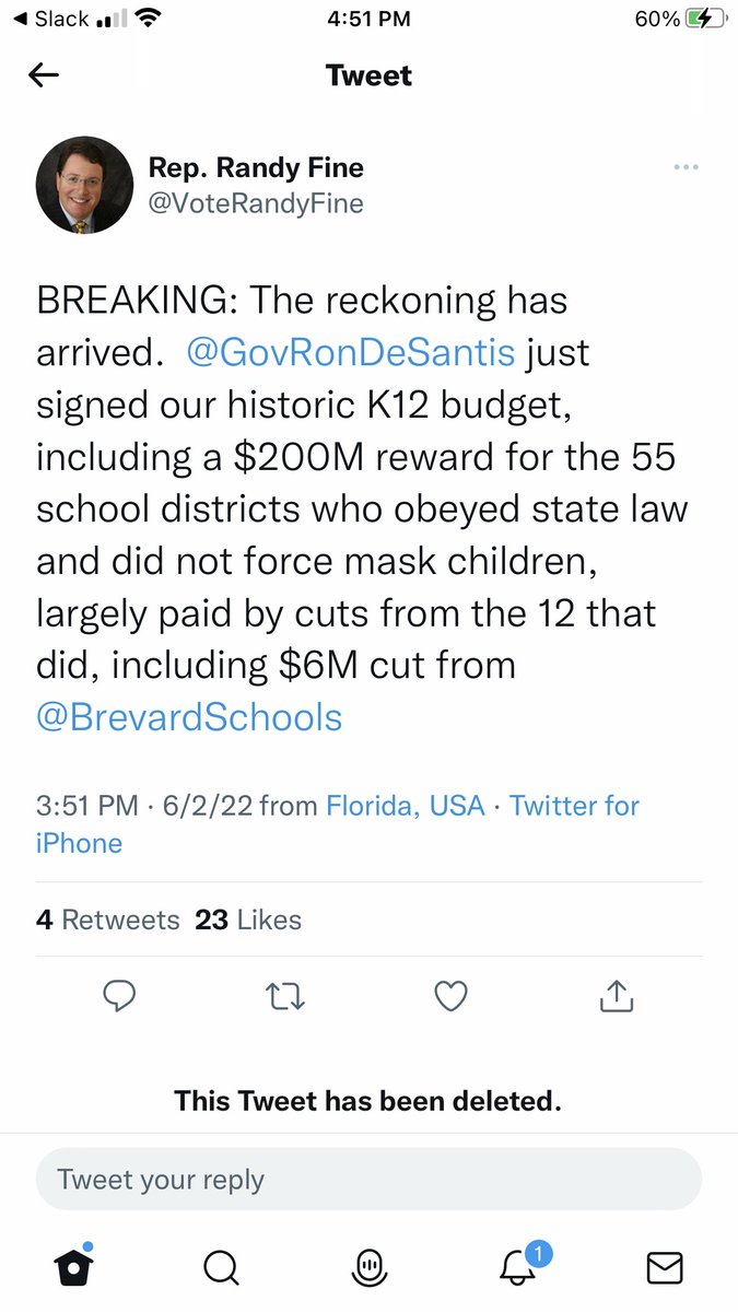 Moms4Science's tweet photo. @VoteRandyFine deleted this Tweet just minutes after posting it. It appears his plan to punish the mask mandating school districts in Florida wasn't agreed upon by the Governor.
So much for the reckoning! Don't quit your day job, Randy!
@Florida_Today https://t.co/Tw2rYuRJPt