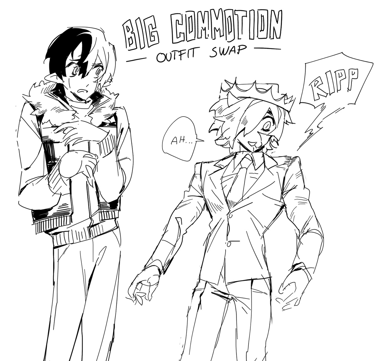 big commotion chapter 4 comes out tomorrow! in the meantime heres an outfit swap to make up for the *checks watch* 3 months without updates 