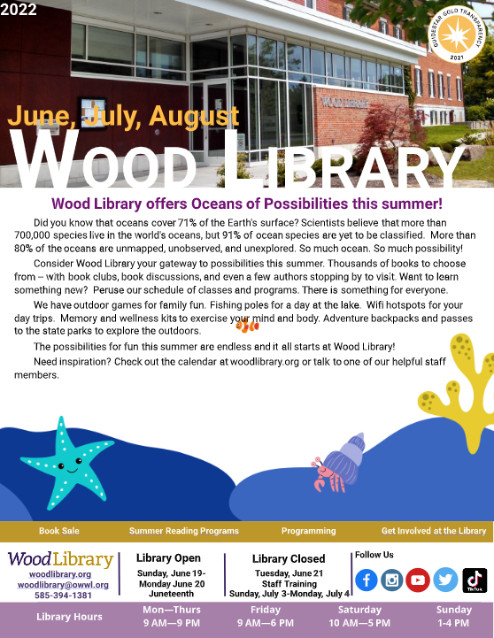 Wood_Library's tweet image. Summer is right around the corner. 🌞 Check out Wood Library's summer newsletter.  There is an "Ocean of Possibilities" for all ages, this summer at Wood Library! 
pub.lucidpress.com/406a46f6-7732-…