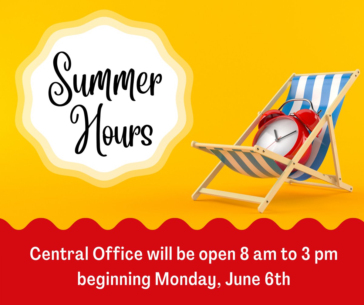 Central Office, located at 5954 Longford Road, will observe summer office hours beginning Monday, June 6th. Hours will be 8 am to 3 pm, Monday through Friday.