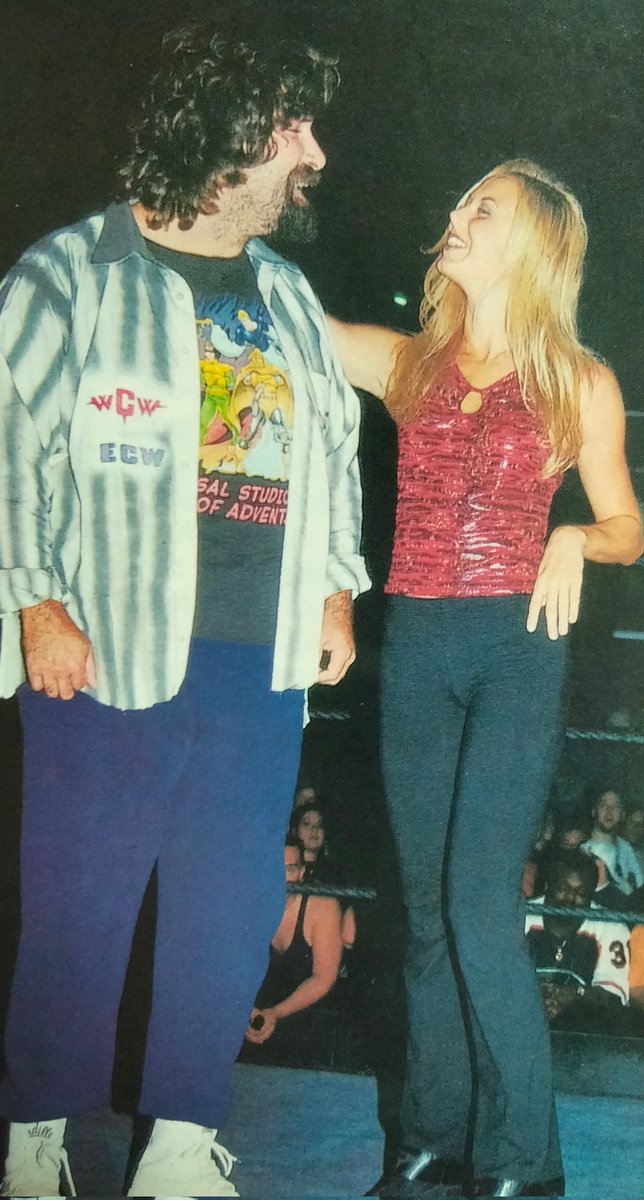 Stacy Keibler attempts to curry favor with Special Referee Mick Foley before the Bra and Panties bout featuring Stacy and Torrie Wilson (WCW) taking on Trish Stratus and Lita(WWF) at the Invasion 2001 PPV https://t.co/UE2eSxKeMG