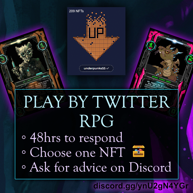 JaydzDev's tweet photo. #Underpunks #PlayByTwtrRPG
"U R standing at the entrance to an underground mine. Behind u is a #PinkShard To your right a #FAK4 In front of u #BrownRocks A #SingingShovel is to your left"
@Clint66718703 → Choose 1 of the above #NFTs 2 b sent to your Wax Wallet 🎁
- 48hrs2respond https://t.co/S8dkGda9lS