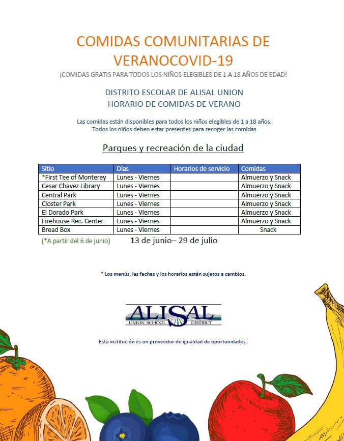 AUSDNutritionSV's tweet photo. June 8th-July 8th (schools) &amp; June 13th-July 29th (Parks) AUSD Nutrition Services will be providing free meals for all eligible children 1-18 years old during our Seamless Summer Program! Please help us spread the word! #NutritionServicesStrong #AlisalFuerte https://t.co/GTrNu5nCN3