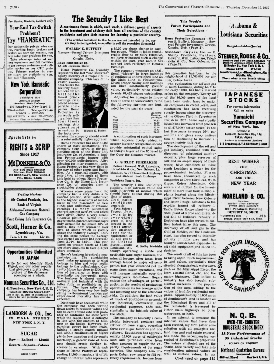 GrahamianV's tweet photo. Warren Buffett details his investment thesis for Home Protective Co., as published in The Commercial and Financial Chronicle on December 19, 1957.

61,463 total shares outstanding at $85 per share; approximately $50 market capitalization in present dollars. https://t.co/0UpHsqD8Gv