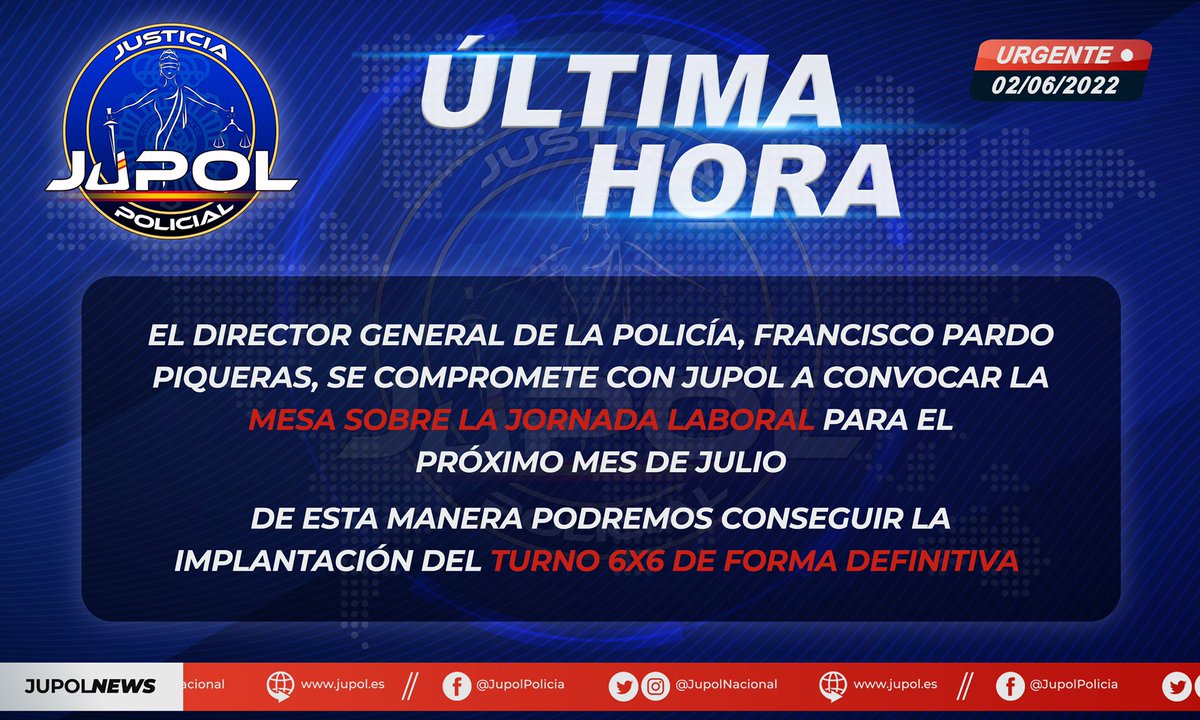 JupolNacional's tweet photo. #UltimaHoraPolicial

Arrancamos el compromiso del Director General de la Policía, Francisco Pardo Piqueras, para convocar la mesa de la jornada laboral.

Así podremos conseguir el #6x6YA DEFINITIVAMENTE.

Gracias a la declaración de #PoliciaEnConflictoColectivo

#EquiparacionYa https://t.co/IBSEQ9Uxbc
