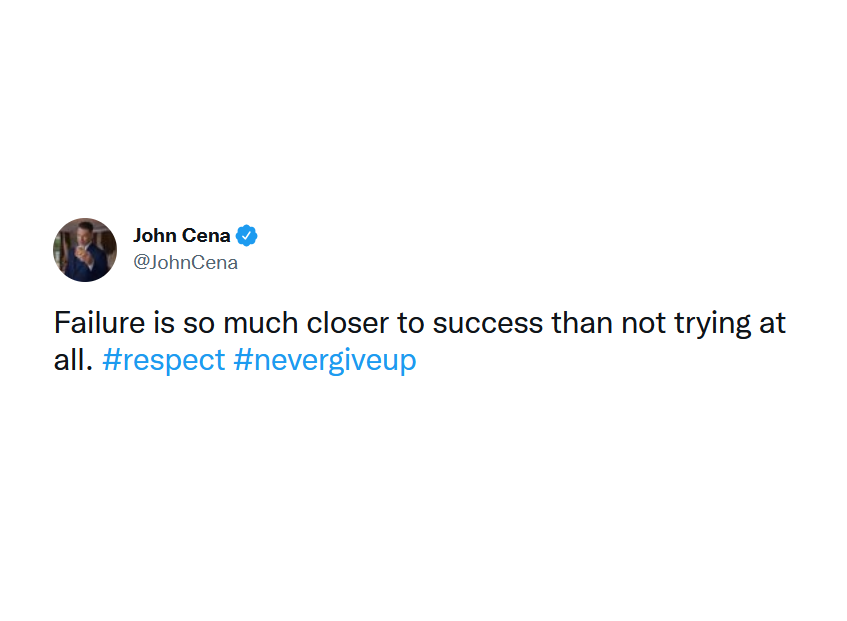 A_MasterMassage's tweet photo. #Quote #QuoteOfTheDay #Failure #MuchCloser #Success #NotTrying #Motivation #MotivationalQuote #DontStop #KeepGoing #Positive #Positivity #Mindset #Respect #NeverGiveUp #JohnCena
๐Quote of the Day๐
"Failure is so much closer to success than not trying at all." - @JohnCena https://t.co/WEUnO1Hw7B