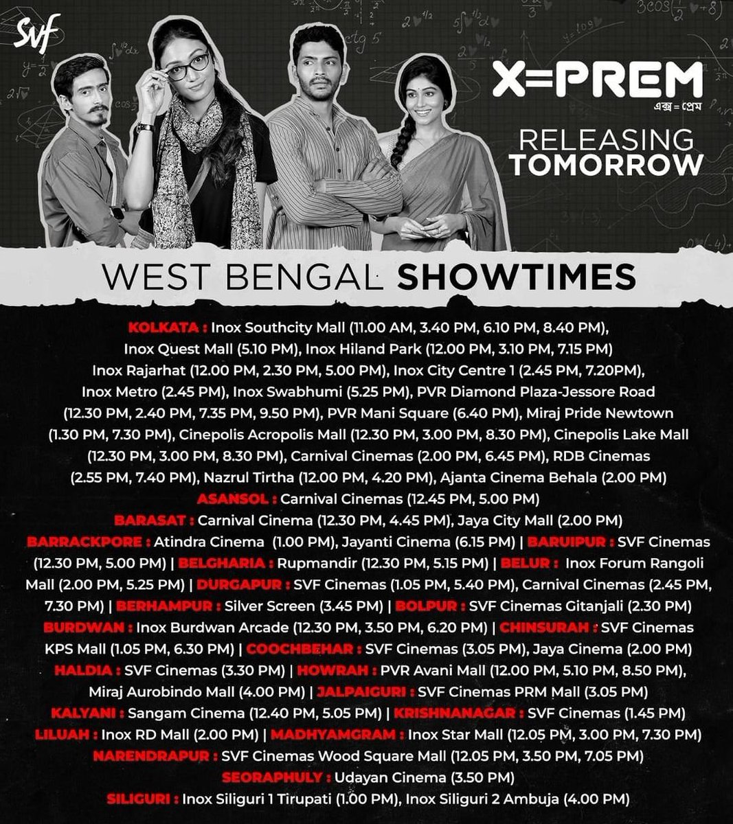 #XEqualsToPrem releasing today only in theatres near you.
All the best team #XEqualsToPrem
@srijitspeaketh @Arjun_C @Madhurimahere #AnindyaSengupta #ShrutiDas @SanaiSaptak @sunny_samantak @subhankarbhar @iindraadip @abhishekdagaa #RoaringReleases