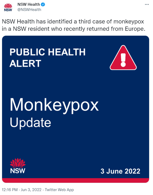 BigBadDenis's tweet photo. NSW Health has identified a 3rd case of monkeypox in a NSW resident who recently returned from Europe.

#NSW #MonkeyPox #Europe 

Source: https://t.co/cAJhkW35gw https://t.co/72jX2p772Y