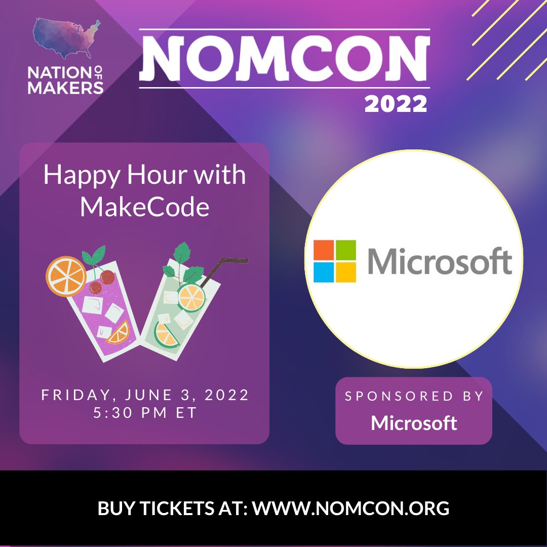 NationOfMakers's tweet photo. Following a great day of sessions, join us at our first #NOMCON22 Happy Hour in Gather, hosted by our friends @MicrosoftMakers - Grab a drink &amp; learn how to use MakeCode to build your own home arcade! 👾   Not at NOMCON &amp; want to join? Register at: https://t.co/YZvI9tS5Wu https://t.co/c5IsG67lY8