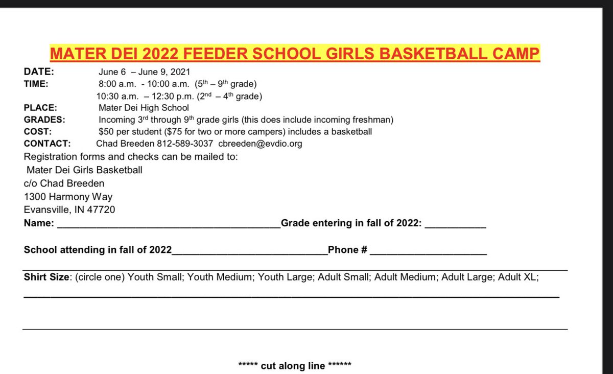 Girls basketball camp begins on Monday, June 6th.  Registrations will be accepted at the door.  Please contact coach Breeden with any questions.  cbreeden@evdio.org files.constantcontact.com/4780e175401/2a… <a href="/MaterDeisports/">Mater Dei Athletics</a>