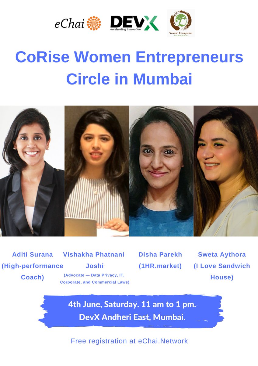 CoRiseWomen's tweet photo. CoRise Women Entrepreneurs Circle in Mumbai is happening at @DevX_Work Andheri East on 4th June, Saturday from 11 am to 1 pm.

Free registration @ https://t.co/QfY5HClAYk

#CoRise #eChai https://t.co/r3MULTxU1V