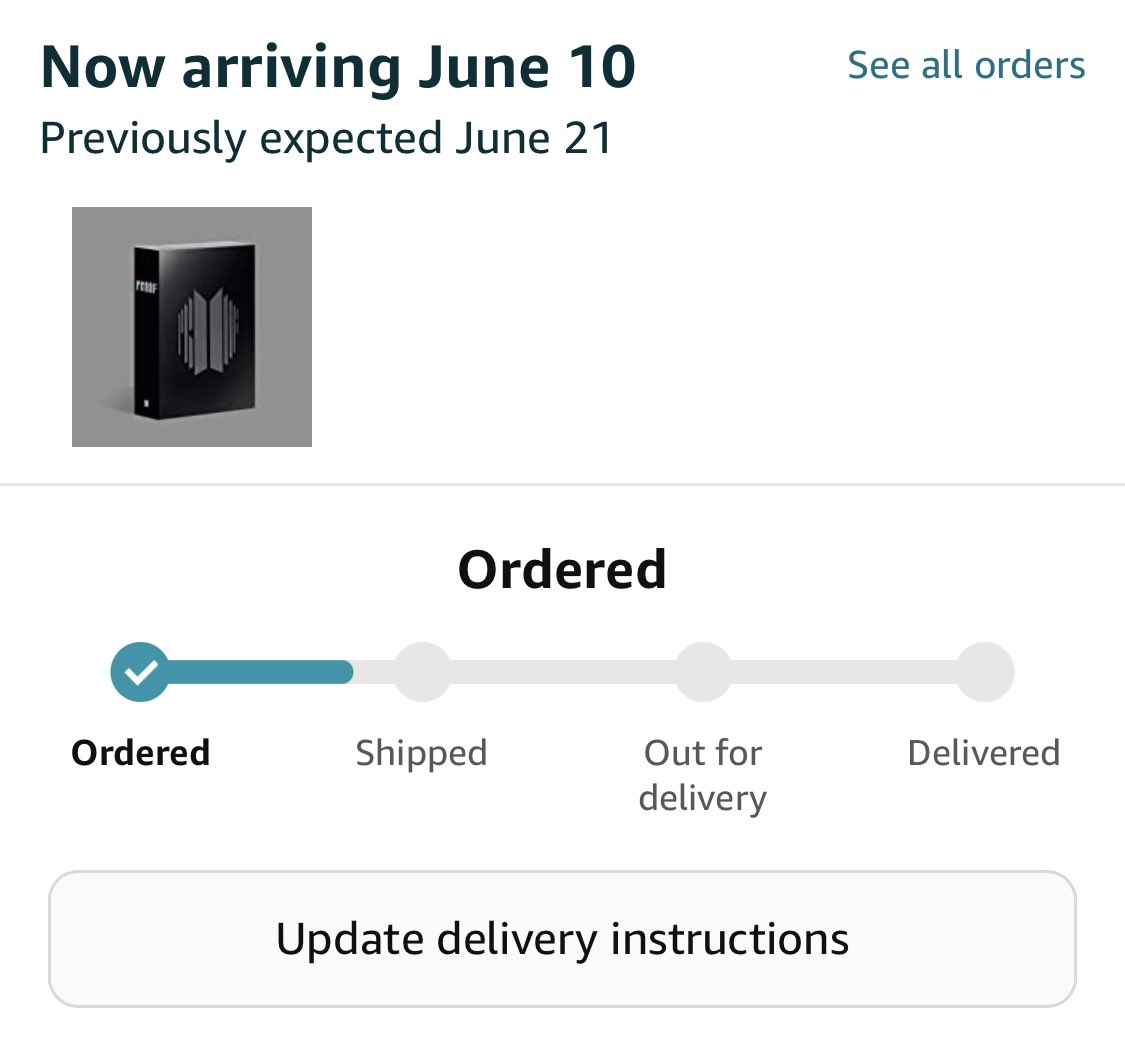 chartsmy's tweet photo. If you ordered from Amazon US like me and your Proof Standard Version is saying expected June 21, updating your delivery to “1 day delivery” will change it to June 10! Not sure if this will work with everyone, but it has worked with my friends who have also tried it so far. https://t.co/mGvd47Pakc