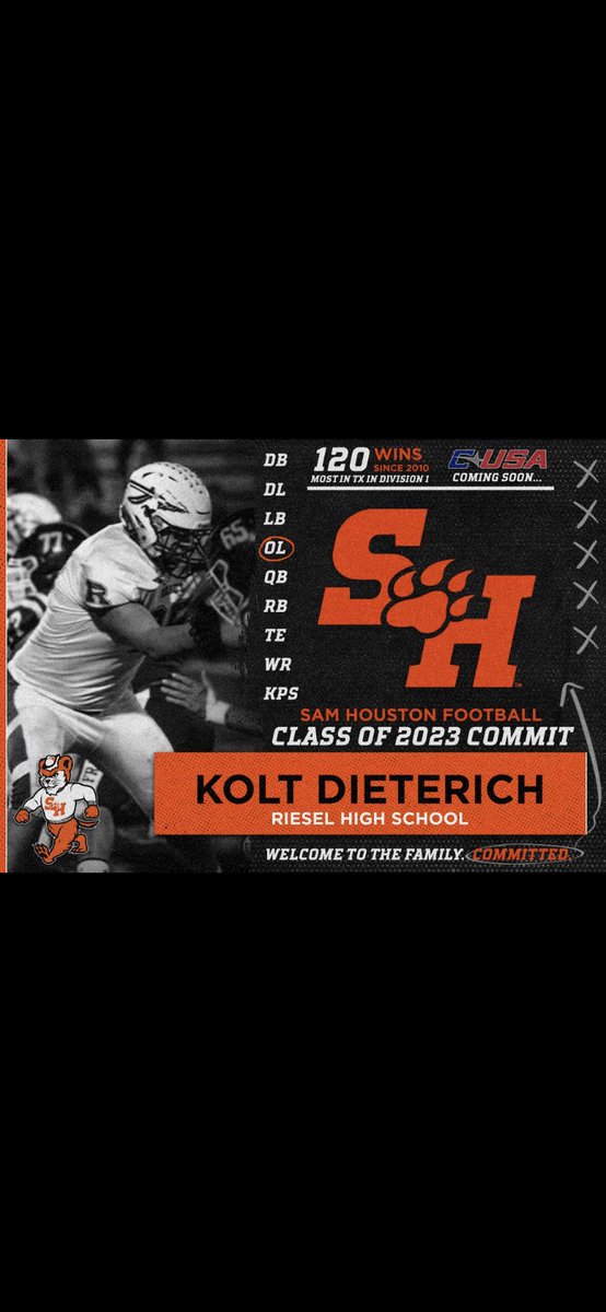 dieterich_kolt's tweet photo. After a great talk with ⁦@CBassett_SHSU⁩ I am blessed to say I have committed to ⁦@BearkatsFB⁩. ⁦@CoachJohn_Perry⁩ ⁦@CoachKCKeeler⁩   ⁦@CoachTCrow⁩ https://t.co/10JNL9nrFI