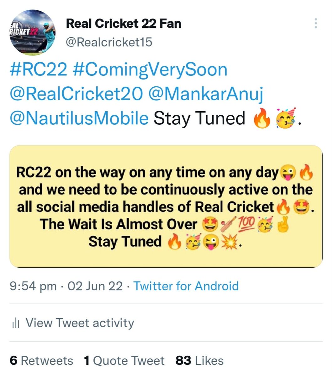 LoveCricket400's tweet photo. Jaisa ki Maine bola tha guys RC22 on the way on any time before 7 hours so jo log hans rhe the ab unko pata chal gaya hoga 👍🥰😉😱.
Now the wait is almost over 😱😉🥰💥🔥🤩.
 Real Cricket 22 coming in upcoming few hours officially on Google Play Store🔥💥��.
Stay tuned 🔥😱.
👇. https://t.co/k0MS04HJ4Q