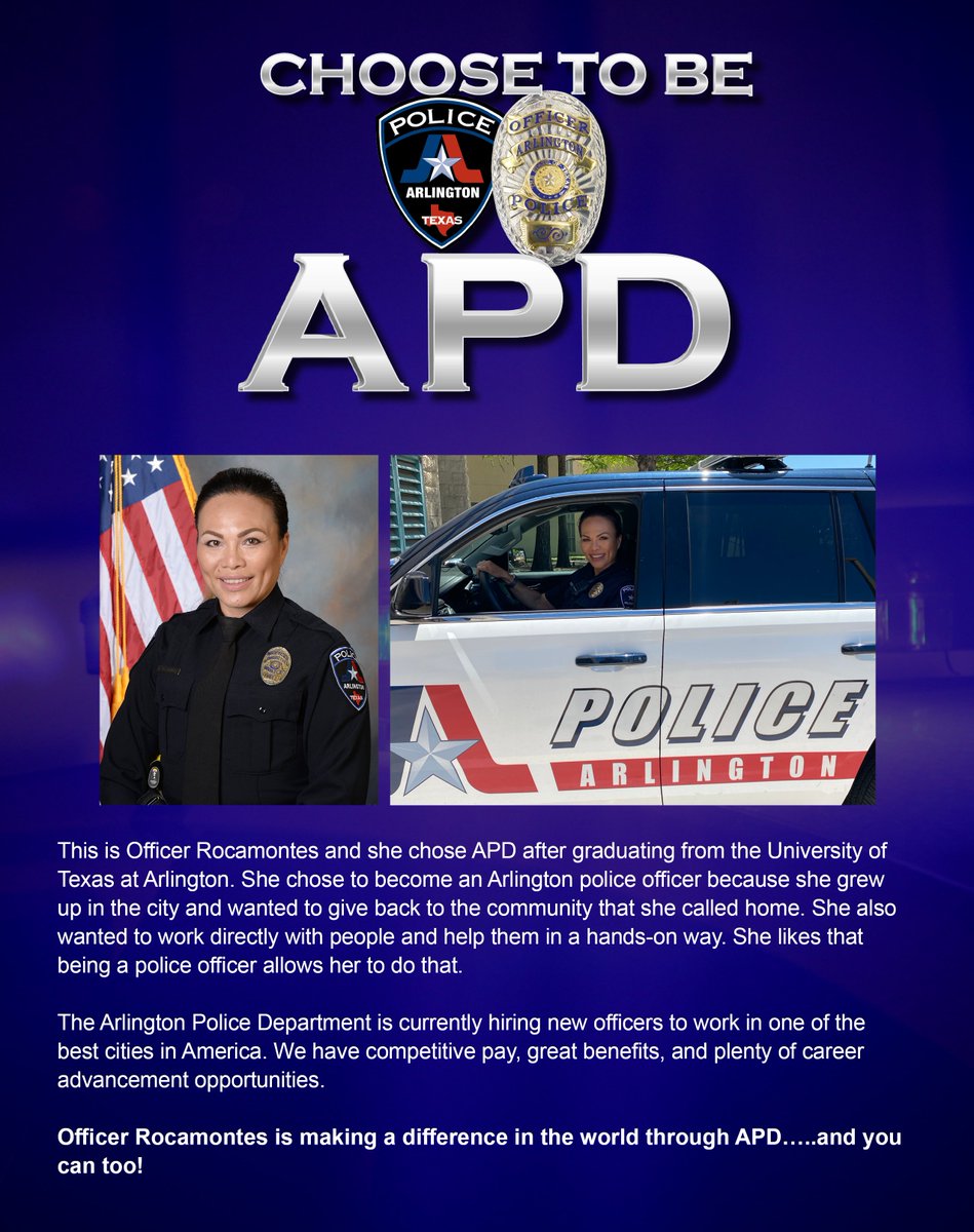ArlingtonPD's tweet photo. Officer Rocamontes has been making a difference here at APD for years. She grew up here and wanted to find a way to give back to her home town community in a hands-on way.
That's why she chose to be APD. We are hiring!
#ArlingtonTX #choosetobeapd #nowhiring https://t.co/WNrCiFGDU3