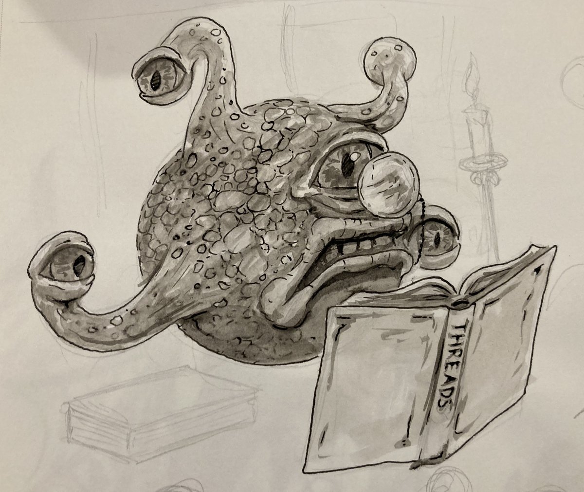 DevouringEye's tweet image. A beholder reading a questionable book, from the @TLDPod podcast