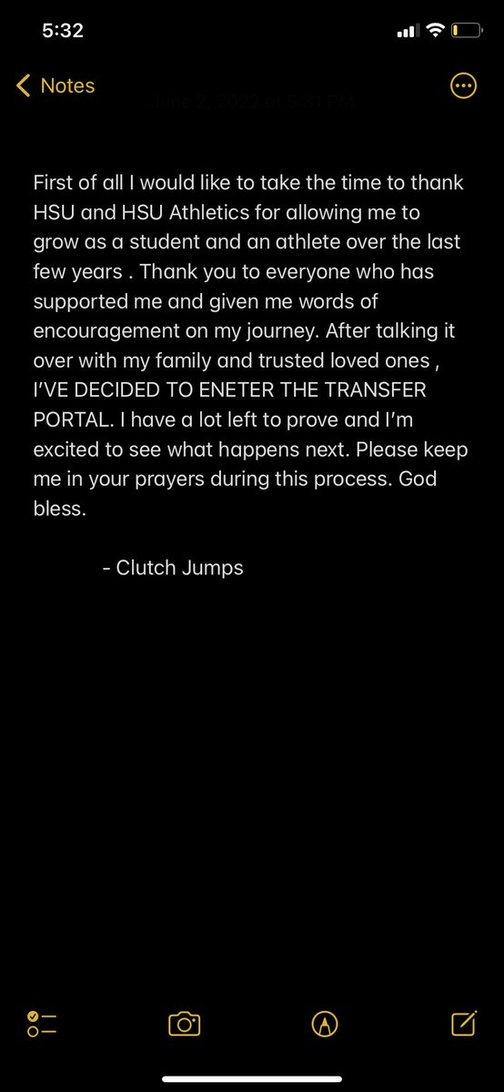 ClutchJumps's tweet photo. I’ve officially decided to enter the transfer portal. Please respect my decision. Thank you to everyone who has supported me on and off the track. All love 🖤 https://t.co/xqudCfOCZQ