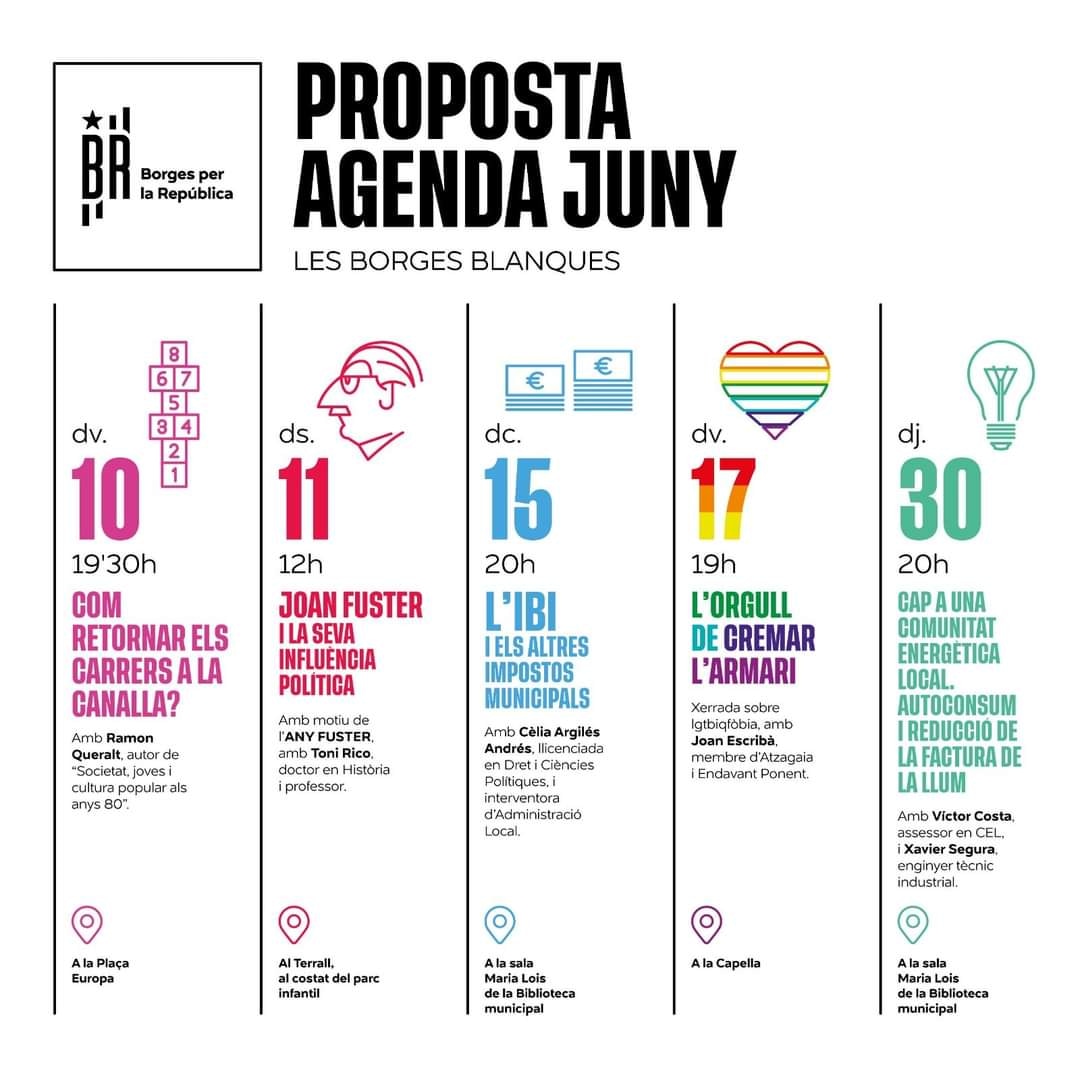 BorgesxlaRep's tweet photo. Us presentem l’agenda de juny de BxRep. És un primer tast amb propostes d’alguns dels àmbits q treballarem amb més profunditat a partir d’aquest proper setembre.

#culturapopular, #espaipúblic, #debatpolític, #fiscalitat, #drets, #sobiraniaenergètica https://t.co/FOiPhVUPxJ
