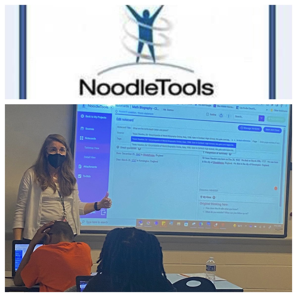 ElkoMiddle's tweet photo. Ms. Banton, our school Librarian, supporting 7th graders with citations for their Mathematician Research Project. #SmartResearch #NoodleTools #LiteracyIntegration @HenricoMath @hcpslib https://t.co/fvAgrmVAim