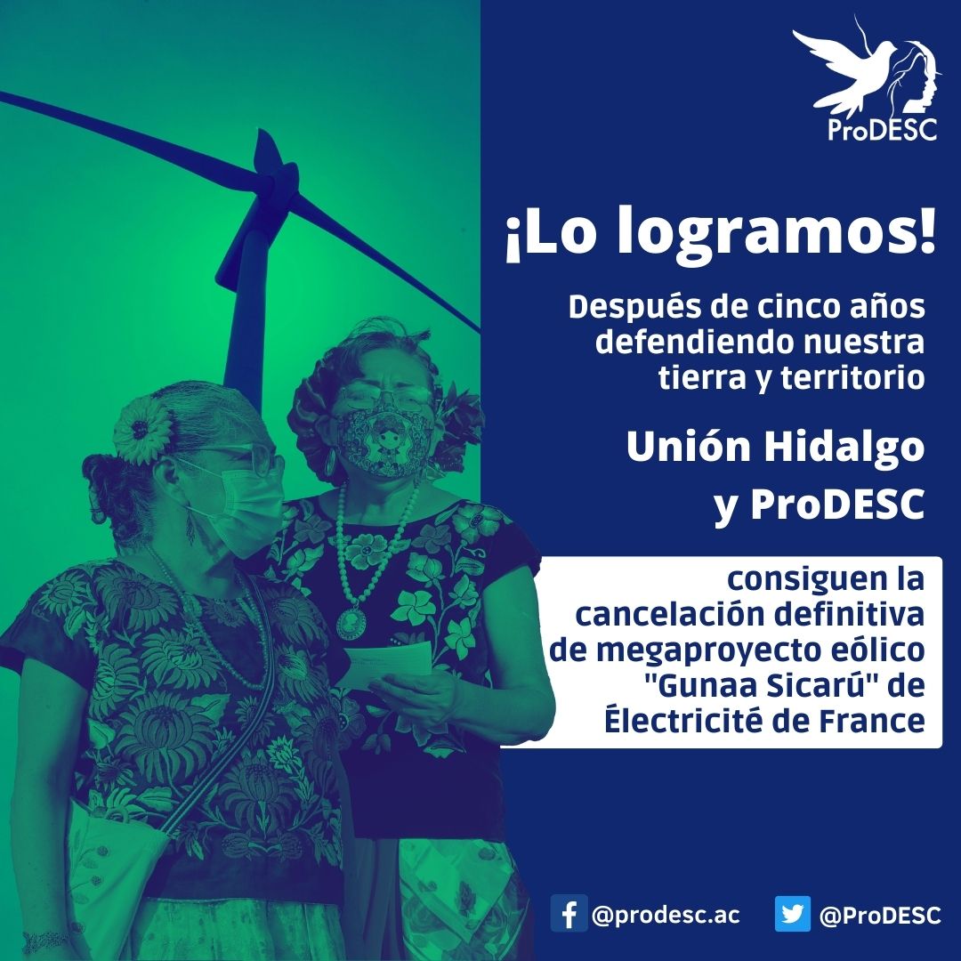 ¡Lo logramos!
Luego de 5 años defendiendo el derecho a la tierra y el territorio.
Gunaa Sicarú de <a href="/EDFofficiel/">EDF</a> es un megaproyecto cancelado. Hoy la comunidad indígena zapoteca de Unión Hidalgo tiene un nuevo horizonte.
Juntas creamos espacios de esperanza.
prodesc.org.mx/reves-a-edf-en…