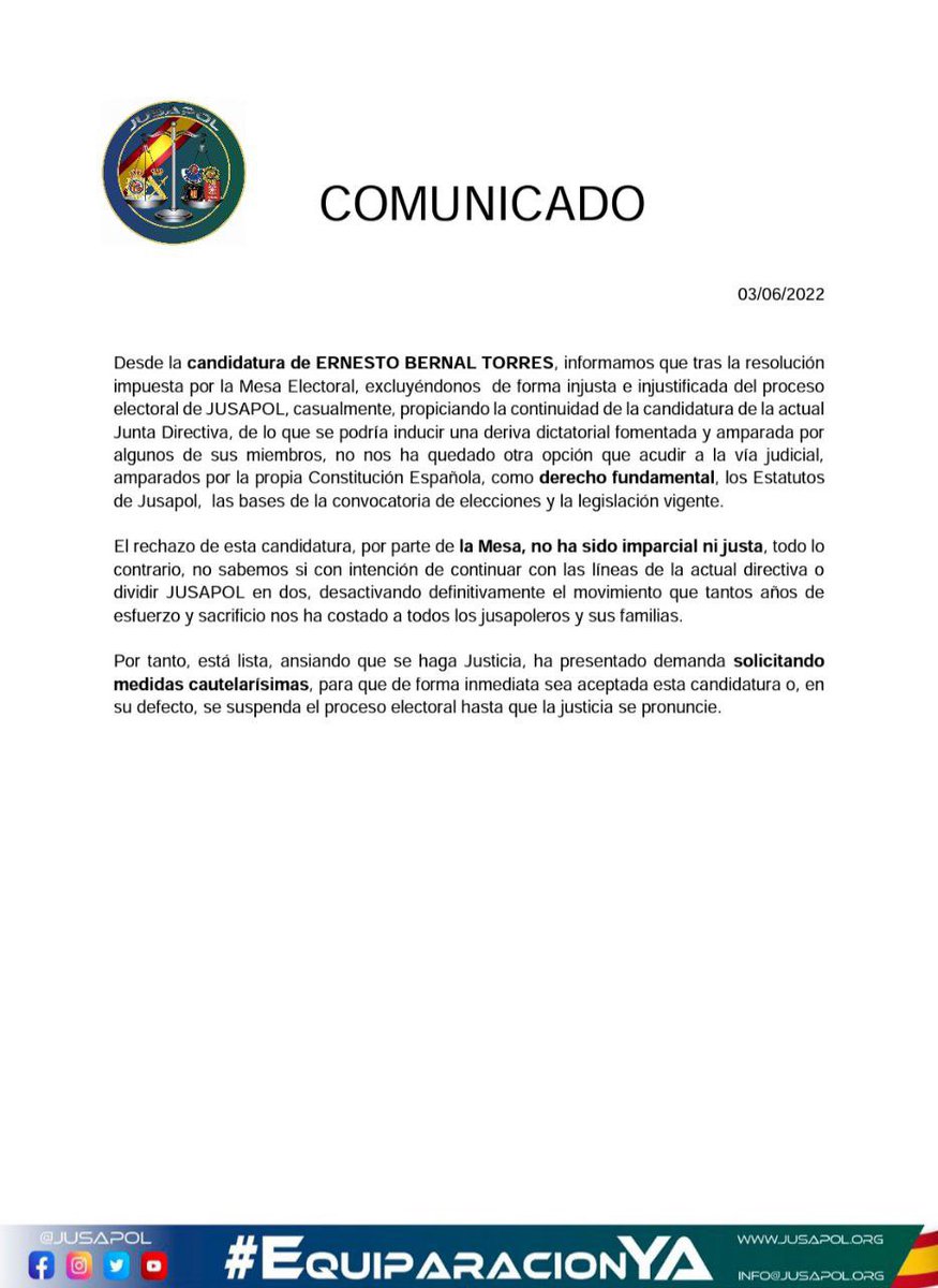 Tras el rechazo de nuestra candidatura a las elecciones “libres” en <a href="/jusapol/">jusapol</a>, presentamos demanda solicitando medidas cautelares de forma inmediata:
1: que sea aceptada
2: caso contrario, que se suspenda el proceso electoral hasta sentencia
Mañana hablamos…
#ProhibidoRendirse