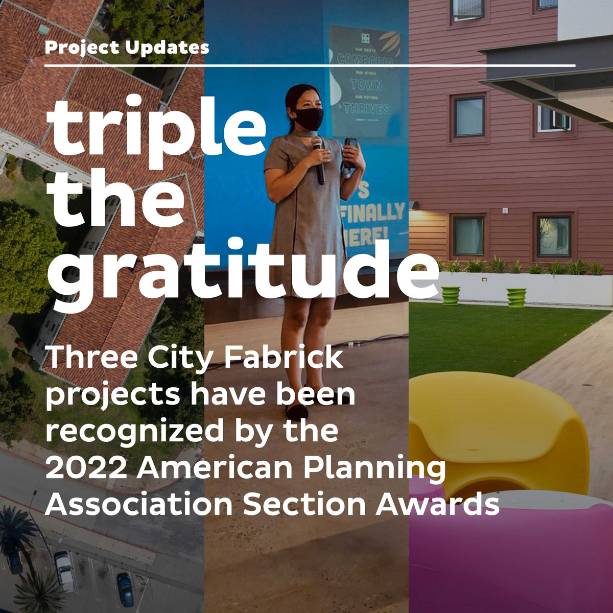 CityFabrick's tweet image. Three CF projects have been recognized by the 2022 @APA_Planning Section Awards!
🎉 Cambodia Town Thrives Vision Plan 
🎉 West LA VA North Campus Plan
🎉 La Placito Cinco / Tiny Tim 
We're so proud of our multi-faceted team for their hard work
#APA2022 #Celebrate