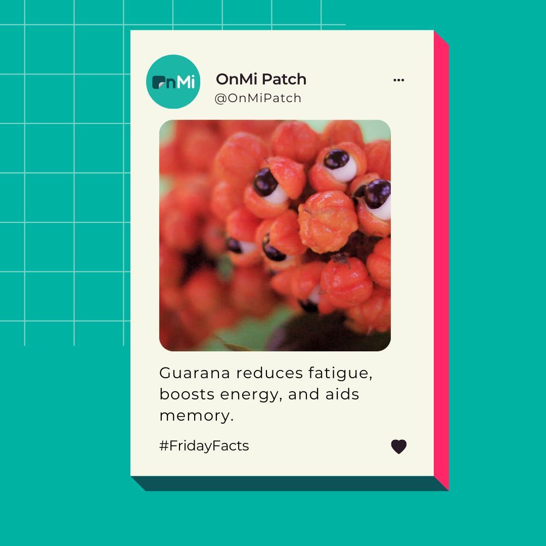 OnMiPatch's tweet image. #FridayFacts Guarana is loaded with antioxidant properties and is a source of maximum nutritional benefits for minimal calories! ⁠
⁠
Find this magic ingredient in our #EnergyPatch and #HangoverPatch ⁠
