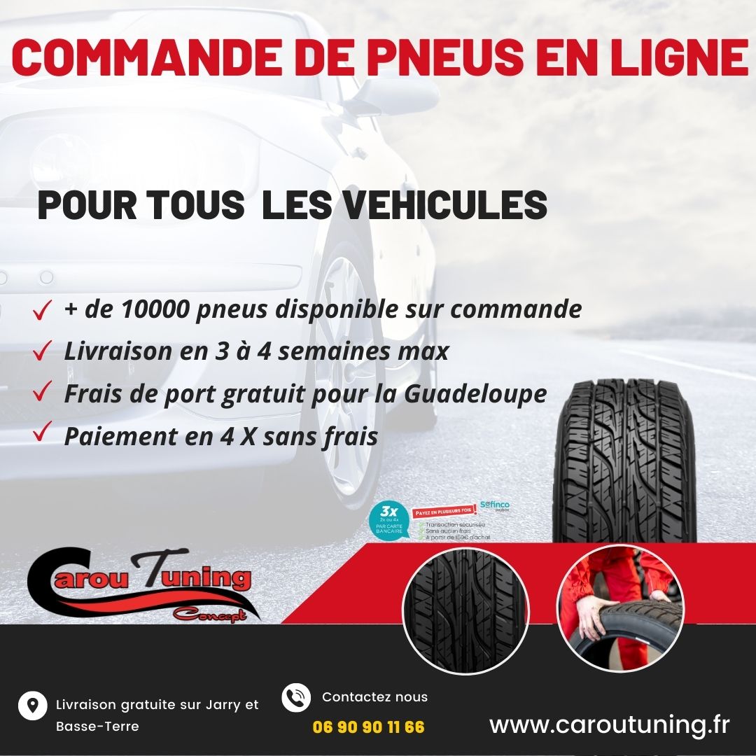 Retrouvez toute notre gamme de pneus toute marques et pour tout véhicule sur notre boutique en ligne : caroutuning.fr/45-pneus
 - Délai de livraison 3 à 4 semaines max
 - Frais de port Gratuit pour la Guadeloupe 
- Livraison gratuite sur Jarry ou Basse-Terre 
-  en 4X sans frais