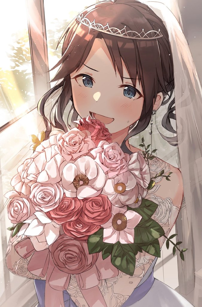 1girl flower veil bouquet dress wedding dress solo  illustration images