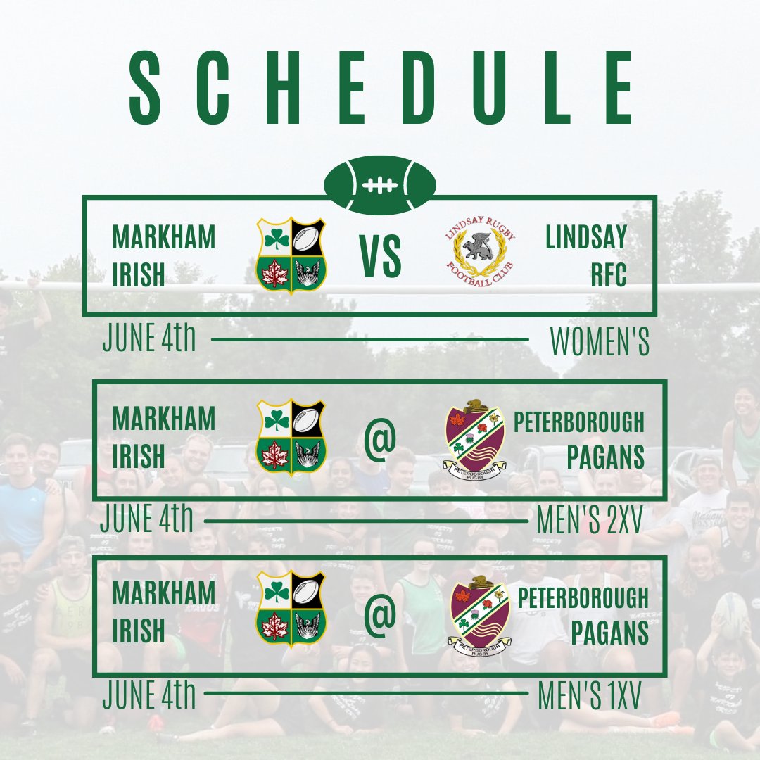 MarkhamIrishRC's tweet photo. This weekend our Womens team takes on Lindsay RFC at home, 150 Austin Drive, kickoff is at 12:00

And our Mens teams travel to Peterborough to face off against the Pagans
Mens 2XV @ 2pm
Mens 1XV @ 3:30pm

☘LETS GO IRISH!☘

#MarkhamIrishRugby #MICRC https://t.co/YOYBlFNLBJ