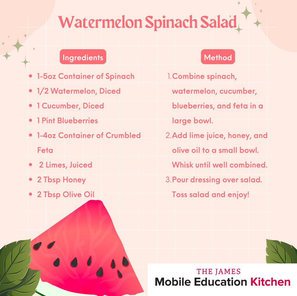 mycancerbridge's tweet image. Kicking off the warm weather season with a delicious Watermelon Spinach Salad Recipe! Huge thank you to Cameron Carothers from the James Mobile Education Kitchen for answering all of nutrition questions and for demonstrating this delicious summer salad!