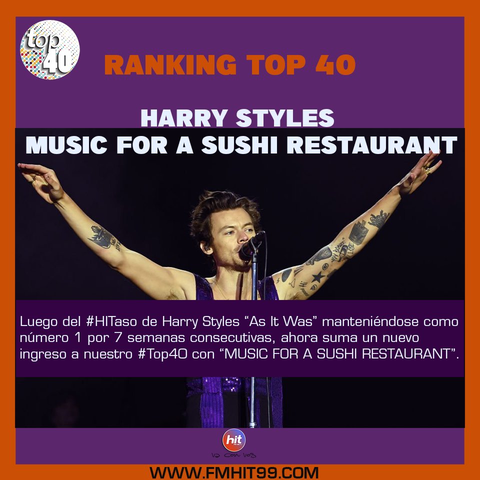 “MUSIC FOR A SUSHI RESTAURANT” es el nuevo tema de <a href="/harrystyles/">Harry Styles</a> en ingresar a nuestro #Top40.
Escúchala aquí en #FMHit y vota por ella que está ingresando en el #RankingTop40.

Escúchanos ahora en:
🖥Web: fmhit99.com
<a href="/HarryStylesBol/">Harry Styles Bolivia 🇧🇴</a> 
#RankingTop40
#FmHit
#harrystyles